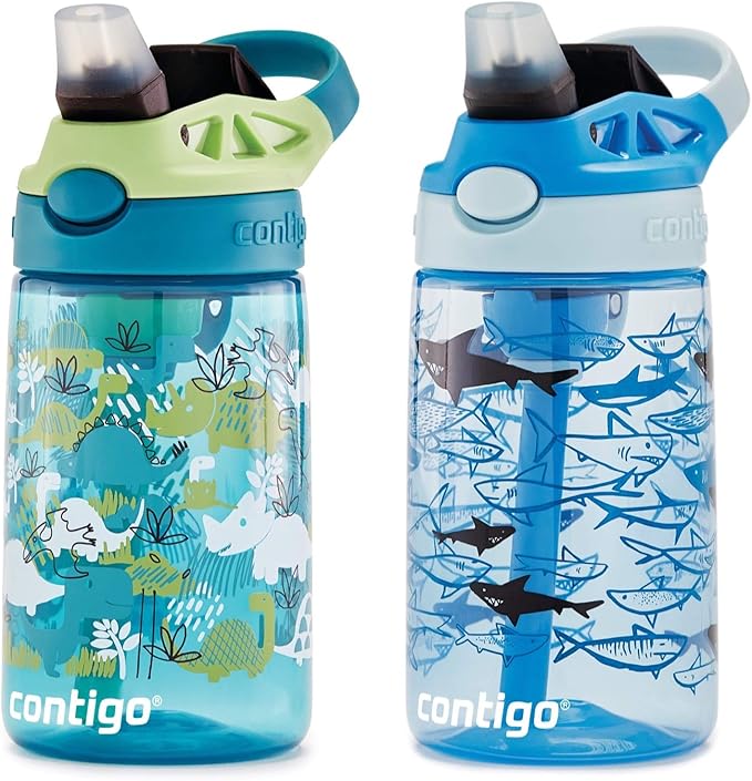 Contigo Aubrey Kids Dinos & Sharks Cleanable Water Bottle with Silicone Straw Spill-Proof Lid Dishwasher Safe 14oz 2-Pack