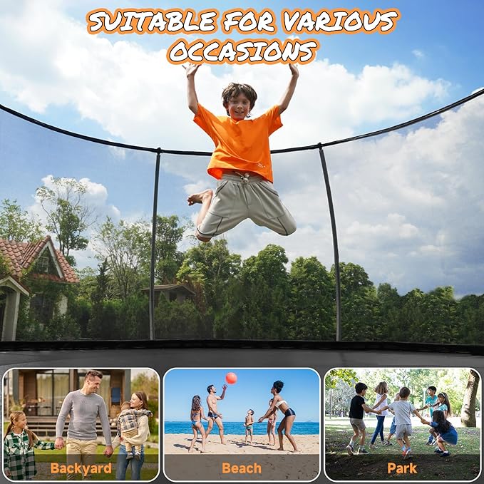 10FT 12FT 14FT 15FT 16FT Outdoor Trampoline with Enclosure Net, Heavy Duty Yard Trampolines, ASTM Approval Recreational Trampolines for Kids and Adults