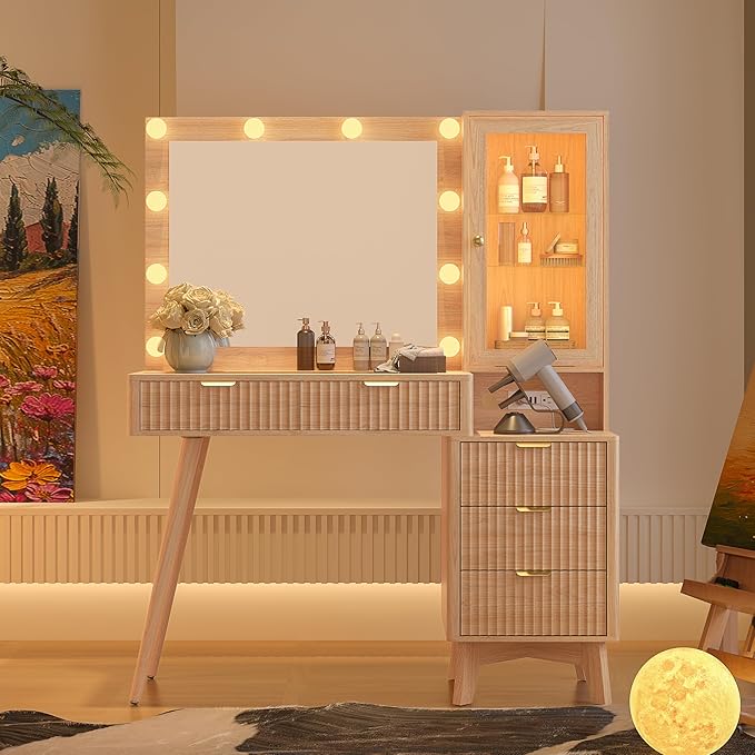Makeup Vanity Desk with Mirror and Lights, 45" Fluted Wood Vanity Desk with Glass Top, 5 Drawers & RGB Glass Cabinet, Power Outlet, Mid Century Modern Dressing Table Set for Women Girls Bedroom