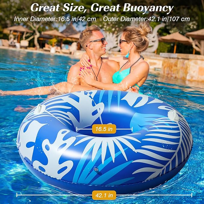 HeySplash Pool Tubes for Adult, 42 Inch Large Pool Floats with Handles, Inflatable Swim Rings Lounge, Hawaii Fun Swim Floaties Swimming Pool Beach Lake River Party Decoration Toys, Blue+White Leaves