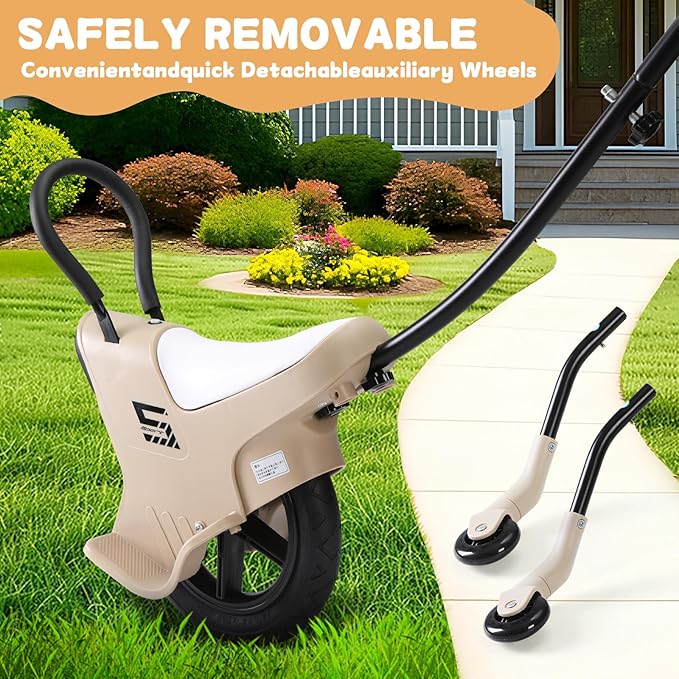 12in Hand Push Unicycle for Kids, Light Unicycle Bikes with Light/Handrails/Auxiliary Wheels, Parent-Child Unicycle Bike, Unicycle Balance Bikes, Kids Unicycle Bicycles (Khaki)