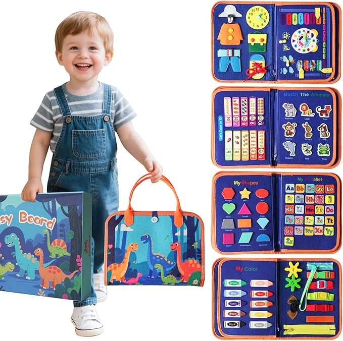 Toddler Montessori Busy Board - Dinosaur Learning Activity Toy, Boys Gift, Sensory Learning Toy for Toddlers, Educational Busy Book for Toddlers, Travel Toy (Blue)