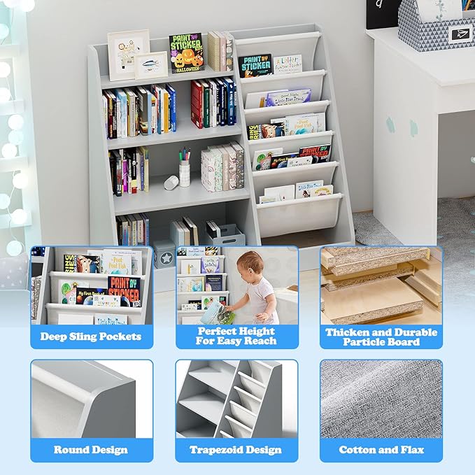 Gray 4 Tier Kids Wooden Bookshelf,Five Layer Sling Toddler Front Facing Bookcase,Baby Kids Storage Book Rack,Book and Toy Organizer Cabinet,Child Book Display Playroom Nursery Bedroom