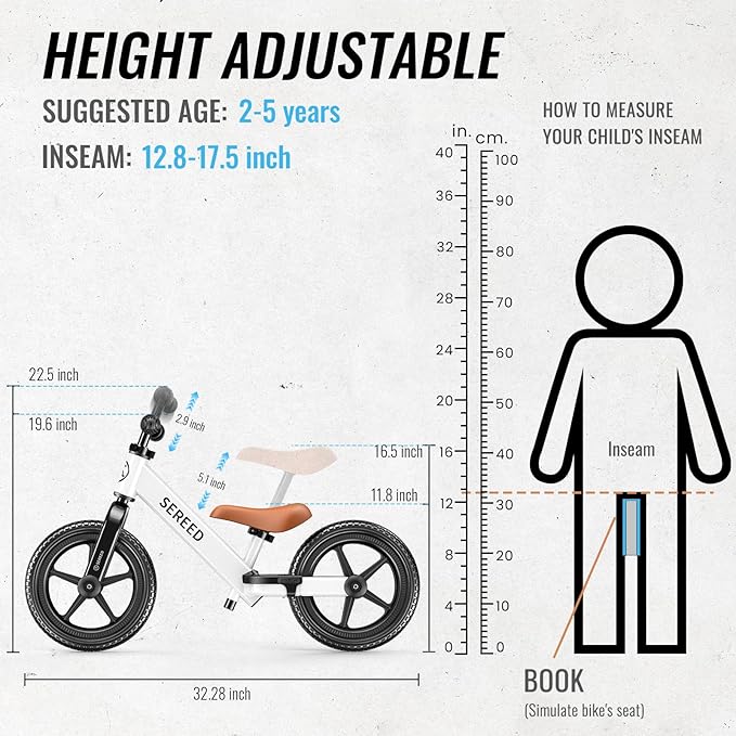 SEREED Toddler Balance Bike 2 Year Old, No Pedal Kids Bicycle Toys for 2-5 Years Old, Tool-Free Adjustment, Customize Plate with Stickers, Gift for 2-3 Boys Girls (White)
