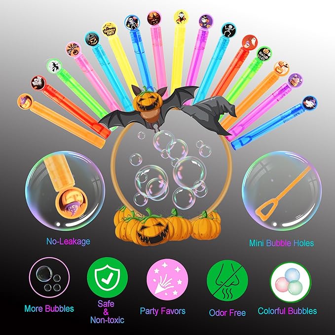 Mini Bubbles for Kids Party Favors,32 PCS Small Bubble Wands Toys Bulk for Classroom Prize,Birthday Goodie Bag Stuffers,Bubble Blower Toy Sticks with Bubble Solutions,Gift Box,Cartoon Halloween Design