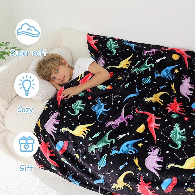 Softan Kids Throw Blanket for Girls & Boys, Warm Soft Toddler Fleece Blankets for Sofa Couch Bed， Cozy Fuzzy Plush Flannel Kids Throw Blanket for Daycare & School - Space Dinosaur 50x60 inches