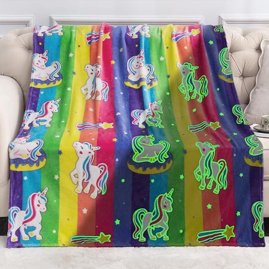 Unicorn Gifts Toys for Kids Girls - Glow in The Dark Blanket Birthday Christmas Halloween Presents Rainbow Donut Throw for Age 1 2 3 4 5 6 7 8 9 10 12 13 Years Old Teen Child Toddler Colorful 50"x60"