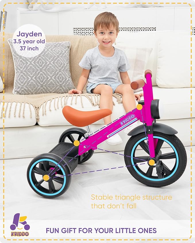 KRIDDO Kids Tricycle, 12 Inch Puncture Free Rubber Wheel w Front Light, Adjustable Seat Height, Gift for 2-5 Year Olds, Pink