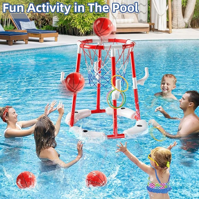 Swimming Pool Basketball Hoop Toy for Kids 2 3 4 5 6 Years Old - Floating Pool Basketball Game Toys with 4 Balls Air-Pump, Outdoor Play, Poolside Summer Water for Boys Girls Age 4-8-12 (Red)