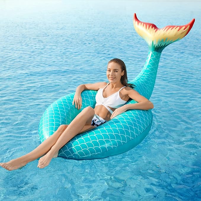 Jasonwell Giant Inflatable Mermaid Tail Pool Float with Fast Valves Pool Floaties Tube Summer Beach Swimming Pool Party Lounge Raft Water Floaty Decorations Toys for Adults Kids Green L