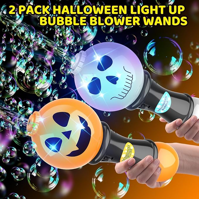 SpringFlower Halloween Toy,Bubble Blower Wand,6.7 Inch Illuminating Bubble Maker with LED Light-Up Effect for Kids,Halloween Bubble Party Favor,Pumpkin & Skull Design, 2 Pack