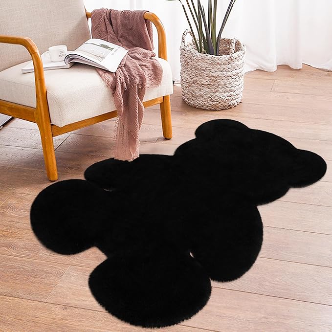 3x3.9ft Black Small Bear Shaggy Rug, Soft Fluffy Faux Sheepskin Fur Rug Fuzzy Shag Area Rug Cute Plush Carpet for Nursery Kids Girls Bedroom Room Aesthetic Living Room Floor Home Decor, Black