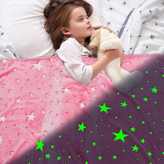 Preppy Blanket Glow in The Dark Blanket Girls Pink Star Blankets Fleece Blankets Birthday Gifts for Kids Soft Throw All Seasons