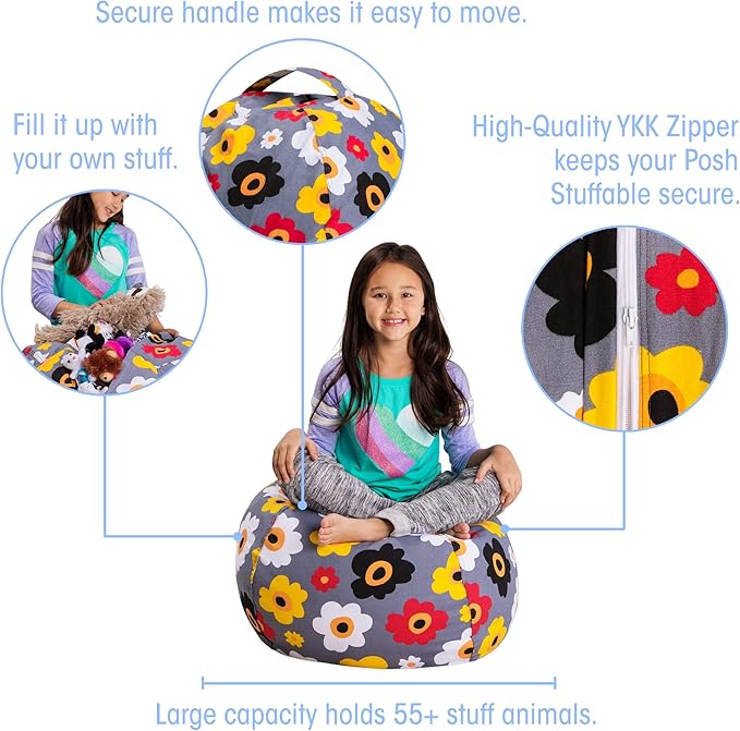 Posh Stuffable Kids Stuffed Animal Storage Bean Bag Chair Cover - Childrens Toy Organizer, Medium 27" - Canvas Multicolored Flowers on Gray
