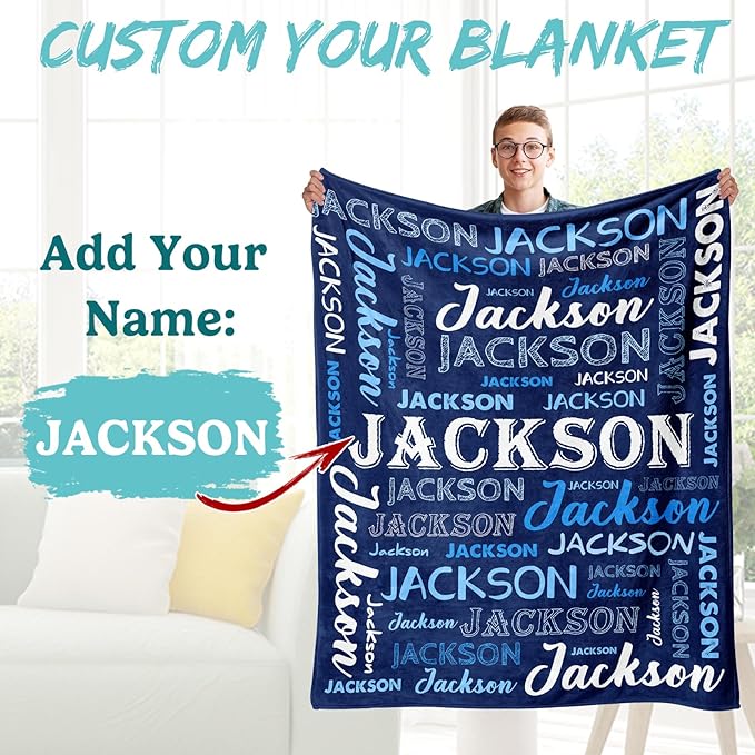Ship Next Day, Personalized Baby Blanket with Name - Printed in USA, Custom Name Blanket for Boys Girls Kids, Customized Flannel Blankets Gifts for Teen Shower Toddlers Christmas Brithday