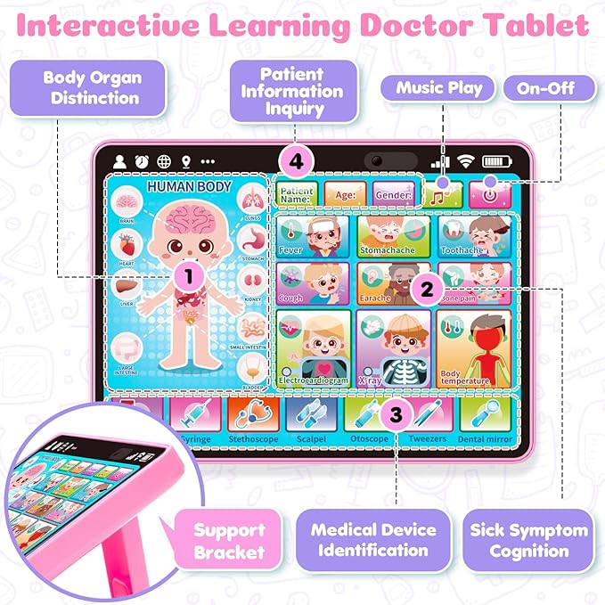 Doctor Kit for for Girls 1 Years Old, Interactive Doctor Tablet with Sound & Music, Doctors Pretend Playset with Stethoscope, Educational Girl Toys Ages 1 2 3, Christmas Birthday Gift for Kid Toddler