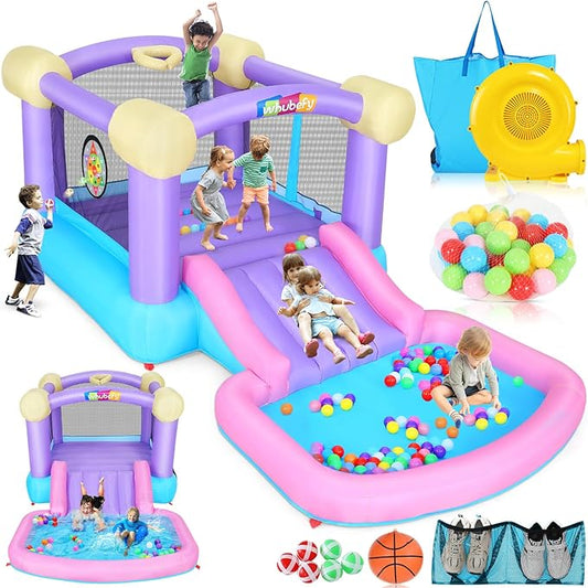 Inflatable Bounce House for Kids 3-6 with Water Slide Ball Pit Pool & 50 Ocean Balls, 5 in 1 Bouncy Castle w/ 6 Sticky Ball Dart Board Game, Basketball Hoop, Storage Bag & Blower Indoor Outdoor Party