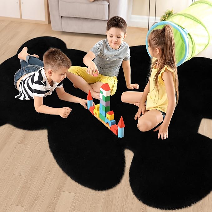 6x8 ft Bear Black Shag Large Rug, Soft Fluffy Faux Sheepskin Fur Rug Fuzzy Shaggy Area Rug Cute Plush Carpet for Nursery Kids Girls Bedroom Room Aesthetic Living Room Floor Home Decor, Black