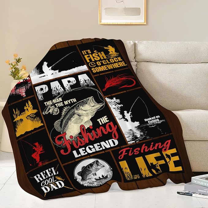 Fish Throw Blanket Fishing Stuff Gifts for Kids Girls Boys Adults Women Men Soft Cozy Warm Plush Fluffy Fuzzy Fleece Blanket Decor 60''X80''