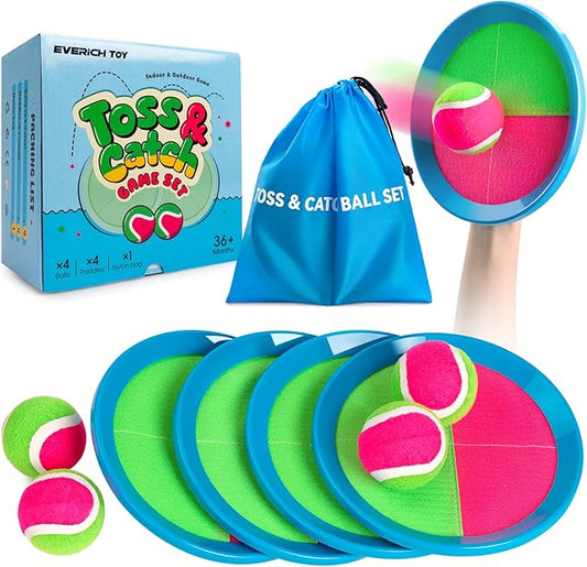 EVERICH TOY Upgraded Toss and Catch Ball Game Set, Kids Toy Stocking Stuffers for Boys Girls Ages 3-12, Includes 4 Paddles 4 Sticky Balls, Water-Resistant Indoor Outdoor Toy for Beach Pool Yard