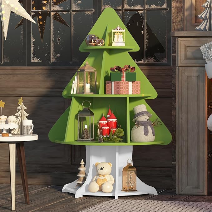 Christmas Tree Shelf Kids Bookshelf Toddler Bookcase 4-Tier Baby Book Rack Children Toy Storage Organizer Wood Display Shelf Nursery Playroom Bedroom Classroom School Homeschooling Boy Girl Gift