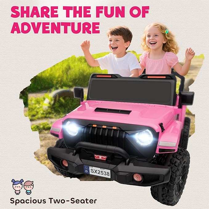 Qaba 24V 2-Seater Kids Ride on Truck Car, 44-50" L Adjustable 4WD Electric Car, 5 MPH Max Speed, Remote Control, Spring Suspension, Storage and LED Lights for Kids Ages 37-95 Months, Pink