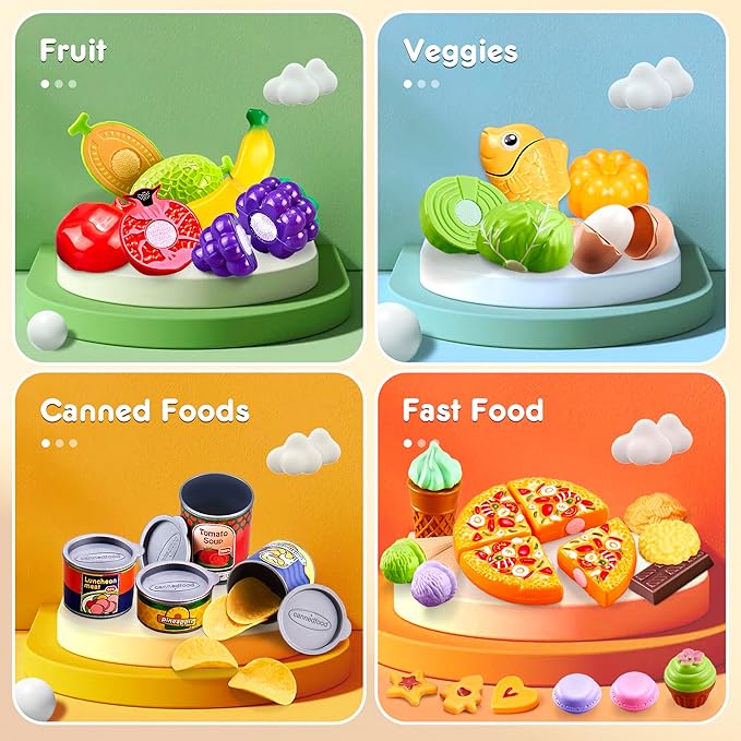 Play Food Sets for Kids Kitchen,66PCS Play Kitchen Accessories,Cutting Toy Food Kids Kitchen Accessories with Pizza,Fruits & Storage Bag,Educational Toys Gift for Boys Girls 3 Year Old