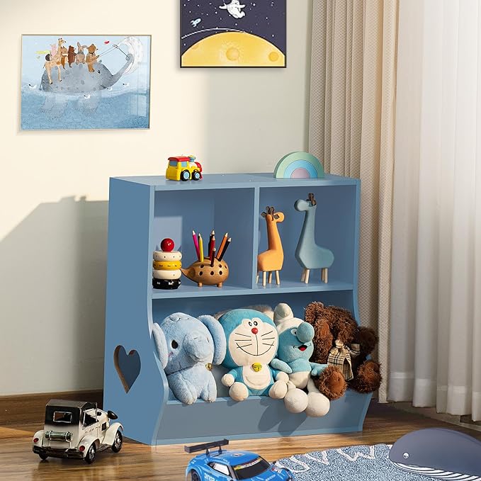 Lerliuo Baby Toddler Bookshelf and Storage Organizer, Kids Cabinet and Bookcase, Wooden 3 Cubby Children Book Shelf for Playroom, Bedroom, Nursery, School 23.62'' H (Blue)