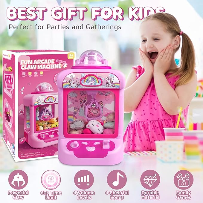 Claw Machine for Kids, Mini Vending Machine Girls Unicorn Toys, Candy Grabber Prize Dispenser with Sound & 20 Mini Plush Toys, Electronic Arcade Game Indoor Toy for Home Party Birthday Gifts