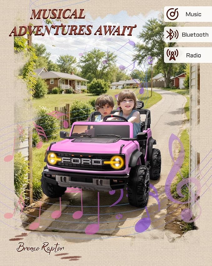 24V Ride on Toys for Big Kids, Licensed Ford Bronco Raptor 2 Seater Ride on Cars with Remote Control, Ride on Truck w/ 4-Wheeler Suspension, 3 Speeds, Led Lights, Bluetooth (24V, Pink)