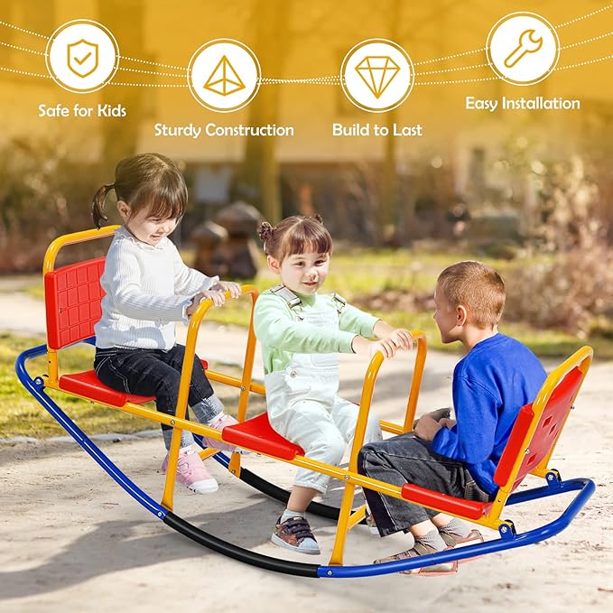 Costzon Teeter Totter Seesaw for Kids Outdoor, 2 in 1 Metal Rocking Seesaw for Toddlers with Easy-Grip Handles, Indoor Outdoor Rocker Toy Gifts for Ages 3-8, 1-3 Person Home Preschool Backyard See Saw