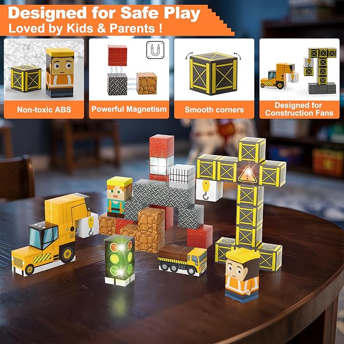 Aywewii Travel Magnetic Blocks 45 PCS Travel Games for Kids Ages 3-5, Magnet Building Cubes STEM Learning Set with Iron Case - Portable Building Toys for Boys and Girls (Construction Edition 1)