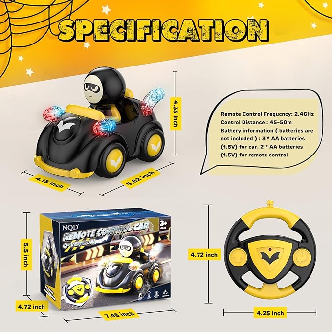 NQD Bat Remote Control Car for Toddlers, RC Cars with Music and Lights, ABS Material RC Cartoon Race Car Toys for Kids Birthday Gifts for Boys