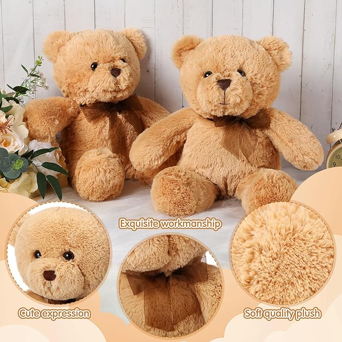 HyDren 2 Pack Plush Bear Stuffed Animals 18 Inch Cuddly Stuffed Bear Plushies with Bow for Birthday Gifts Baby Shower Party Favor Decors Operation Christmas Bulk(Light Brown)