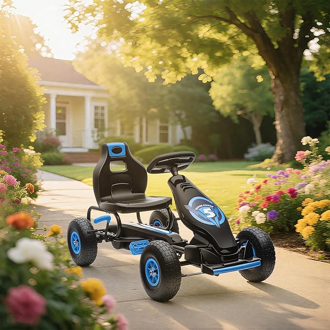 Aosom Kids Pedal Go Kart Ride-on Toy with Ergonomic Comfort, Pedal Car with Tough, Wear-Resistant Tread, Go Cart Kids Car for Boys & Girls with Suspension System, Safety Hand Brake, Ages 5-12, Blue