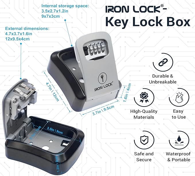 Iron Lock® Wall Mount Key Lock Box for Keys 4 Digit Combination with Resettable Code with A B Switch Indoor Outdoor Waterproof House Key lockbox for Spare House Keys 5 Capacity (Medium, Grey)