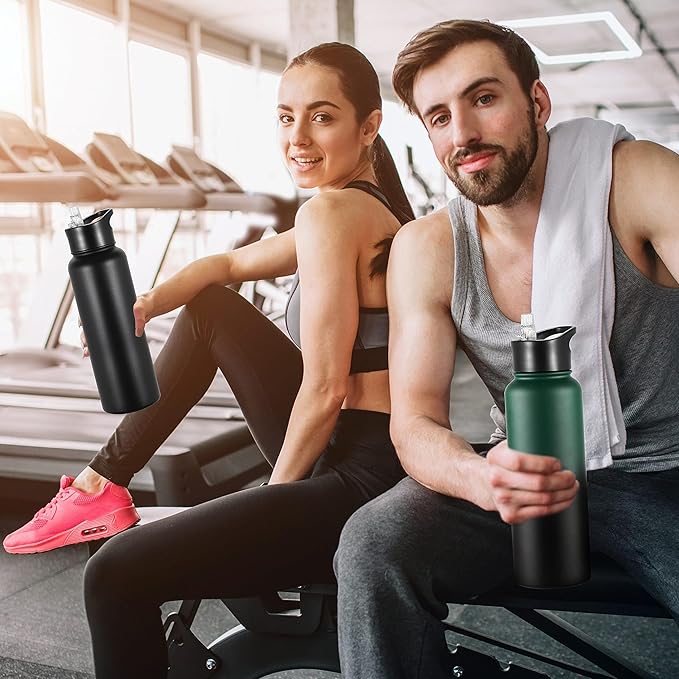 VEGOND 40 oz Insulated Water Bottle Bulk Stainless Steel Metal Water Bottles with Leak Proof Straw Lid & Spout Lid, Wide Mouth Double Walled Vacuum Travel Sports Bottle, 4 Pack