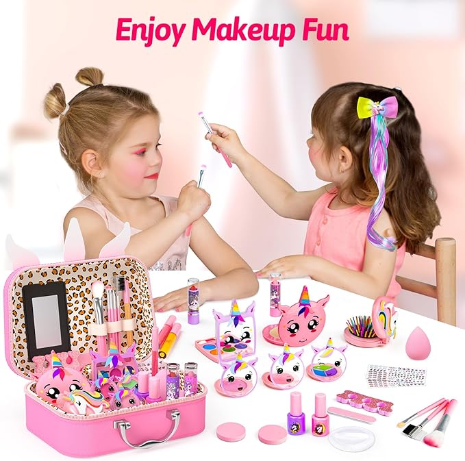 Little Girls Makeup Kit, Pretend Make Up for Kids, Princess Play Makeup Set, Toddler Toy Real Washable Cosmetic Set & Nail Kit Birthday Gift for Ages 3 4 5 6 7 8 9 10-12 Year Old, Pink