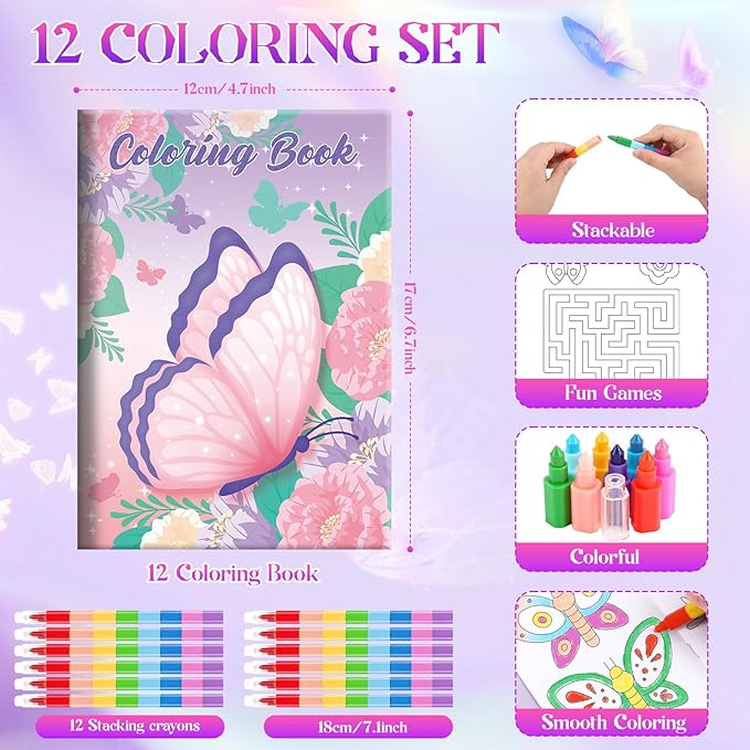 BenLouis 12 Butterfly Mini Coloring Books Kids with 12 Stacking Crayons Butterfly Theme Party Favors Small Activity Books Bulk for Kids Spring Fairy Birthday Party Gift Goodie Bag Stuffers