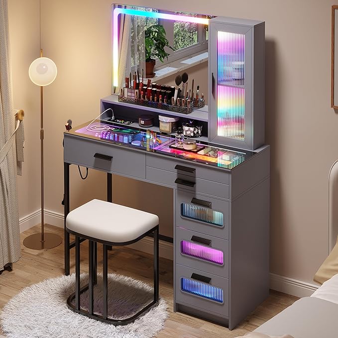 HENBC Vanity with Mirror and LED Lights, Glass Top Vanity Desk with Charging Station(Wireless+USB+Type-C), RGB Makeup Table Set with Stool/Makeup Organizer/6 Drawers for Bedroom,Grey
