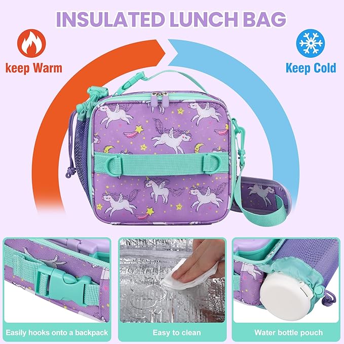 Bento Lunch Box Set for Kids with 9oz Soup Thermo, Insulated Lunch Bag,Leak-proof BPA-free Lunch Food Container with 3-4 Conpartments for School Travel-Pur-blue