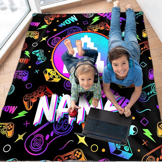 Gaming Blankets for Kids Boys Personalized Gamer Gifts for Son Grandson - Soft Lightweight Custom Monogram Stuff Throws for Sofa Bed Living Room Home Decor All Seasons (4 Sizes)