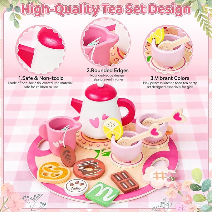 Tea Party Set for Little Girls, Princess Tea Time Toys with Play Food & 2 Dolls Dress up Set, Pretend Kids Kitchen Playset for Girl Toddler Age 3-8 Birthday Gifts