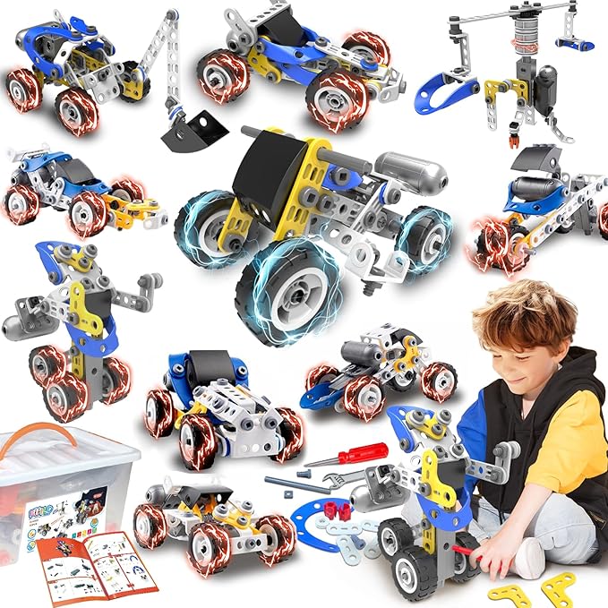 10 in 1 Electric Stem Toys for 5 6 7 8 9+ Year Old Boys Toy Building Blocks Set Stem Kit Kid Age 4-8 5-7 8-10 Educational Creative Game Construction Activities Robot Excavator Birthday Gift Idea