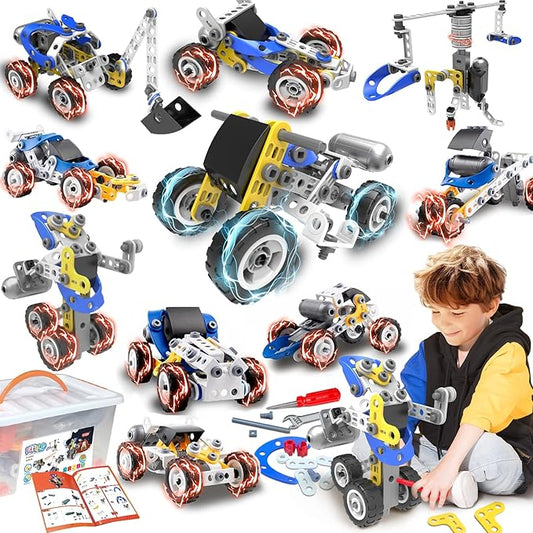 10 in 1 Electric Stem Toys for 5 6 7 8 9+ Year Old Boys Toy Building Blocks Set Stem Kit Kid Age 4-8 5-7 8-10 Educational Creative Game Construction Activities Robot Excavator Birthday Gift Idea