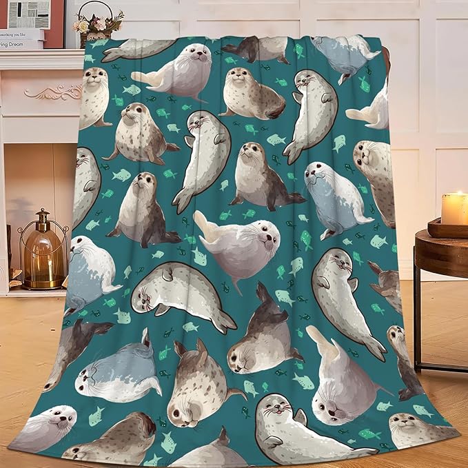 Seal Throw Blanket Ocean Seal Stuff Gifts for Kids Girls Boys Adults Women Men Soft Cozy Warm Plush Fluffy Fuzzy Fleece Blanket Decor 50''X60''