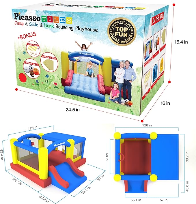 [Upgrade Version] PicassoTiles KC102 12x10 Foot Inflatable Bouncer Jumping Bouncing House, Jump Slide, Dunk Playhouse w/Basketball Rim, 4 Sports Balls, Full-Size Entry, 580W ETL Certified Blower
