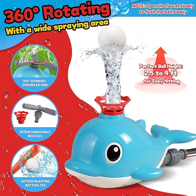 2 in 1 Water Sprinkler Baseball Toy Set for Kids – Whale Shaped Outdoor T-Ball Game & Spinning Splash Toy, Summer Backyard Water Play for Toddlers and Children Ages 3+