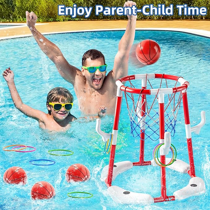 Swimming Pool Basketball Hoop Toy for Kids 2 3 4 5 6 Years Old - Floating Pool Basketball Game Toys with 4 Balls Air-Pump, Outdoor Play, Poolside Summer Water for Boys Girls Age 4-8-12 (Red)