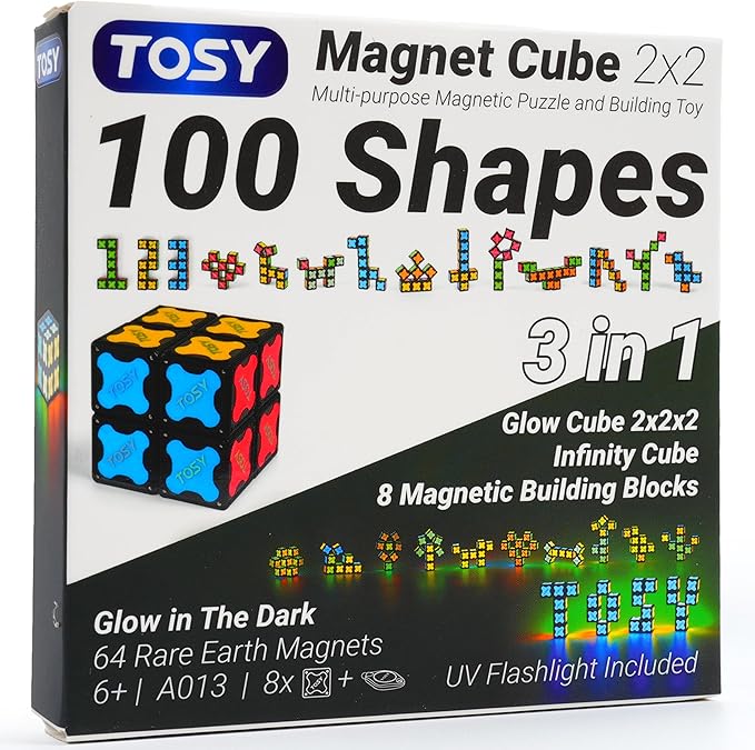 TOSY Magnet Cube 2x2 - 8 Blocks, 2in1 Toy: 2x2x2 Puzzle Cube and Customizable Infinity Cube, Glowing, Christmas Stocking Stuffers Gift for Kids/Grandkids, UV Flashlight, Sensory/STEM Toy
